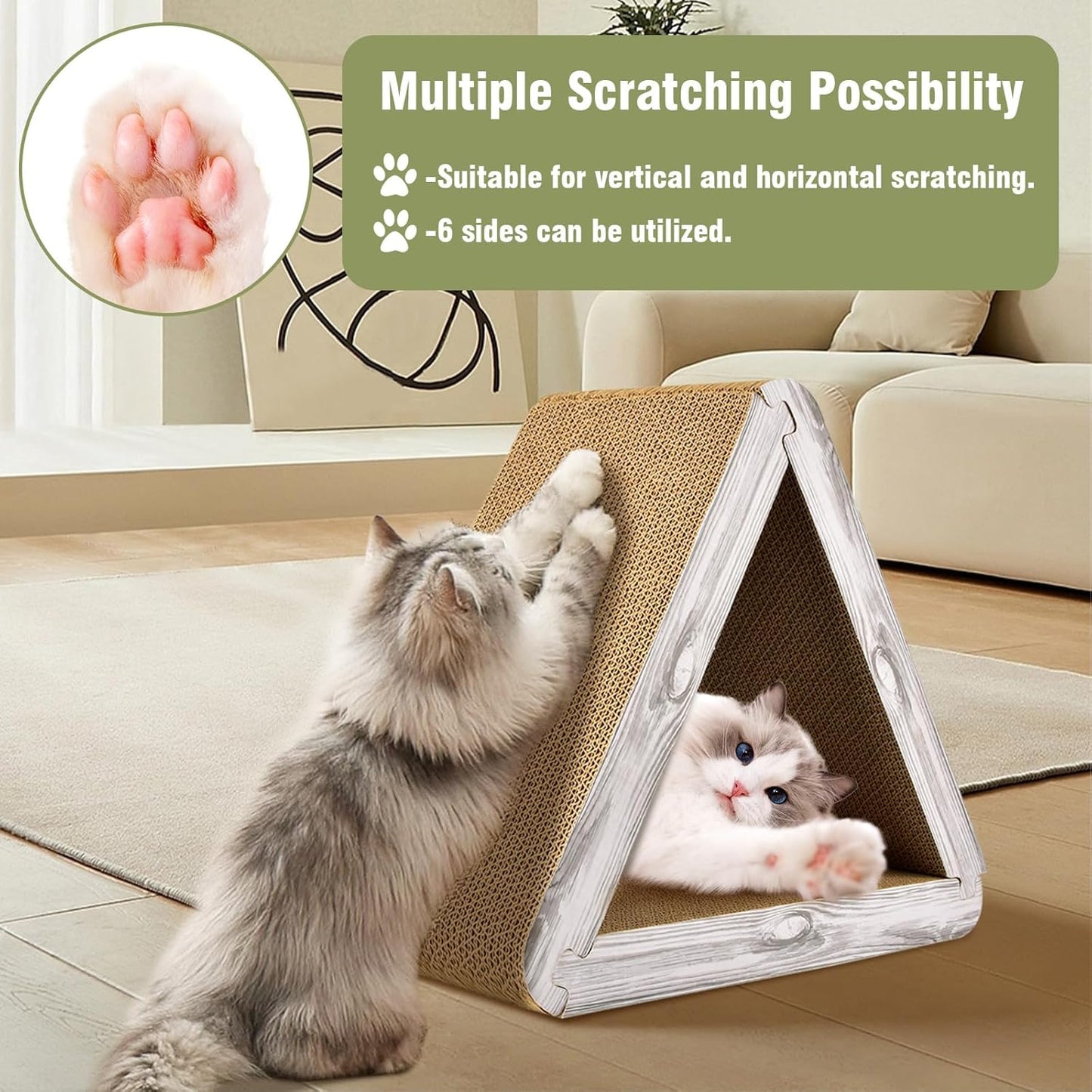 Foldable Triangle Cat Scratcher - 6 Usable Sides Cat Scratcher for Indoor Cats - Vertical Cat Board Pads