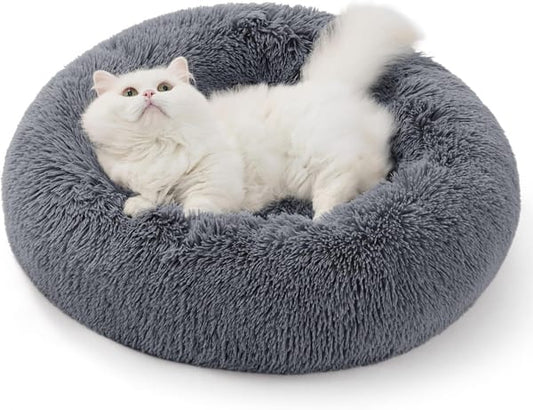Calming Donut Cat Bed - Fluffy Plush Round Pet Bed, Suitable for Kittens and Puppies, Washable, Anxiety-Relief, Soft, Comfortable Hugging, 50.8 x 50.8 cm, Gray (Basic Version)