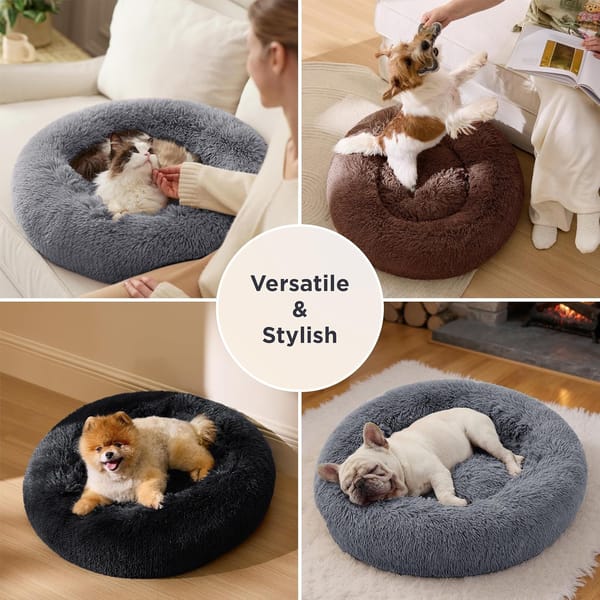 Calming Donut Cat Bed - Fluffy Plush Round Pet Bed, Suitable for Kittens and Puppies, Washable, Anxiety-Relief, Soft, Comfortable Hugging, 50.8 x 50.8 cm, Gray (Basic Version)