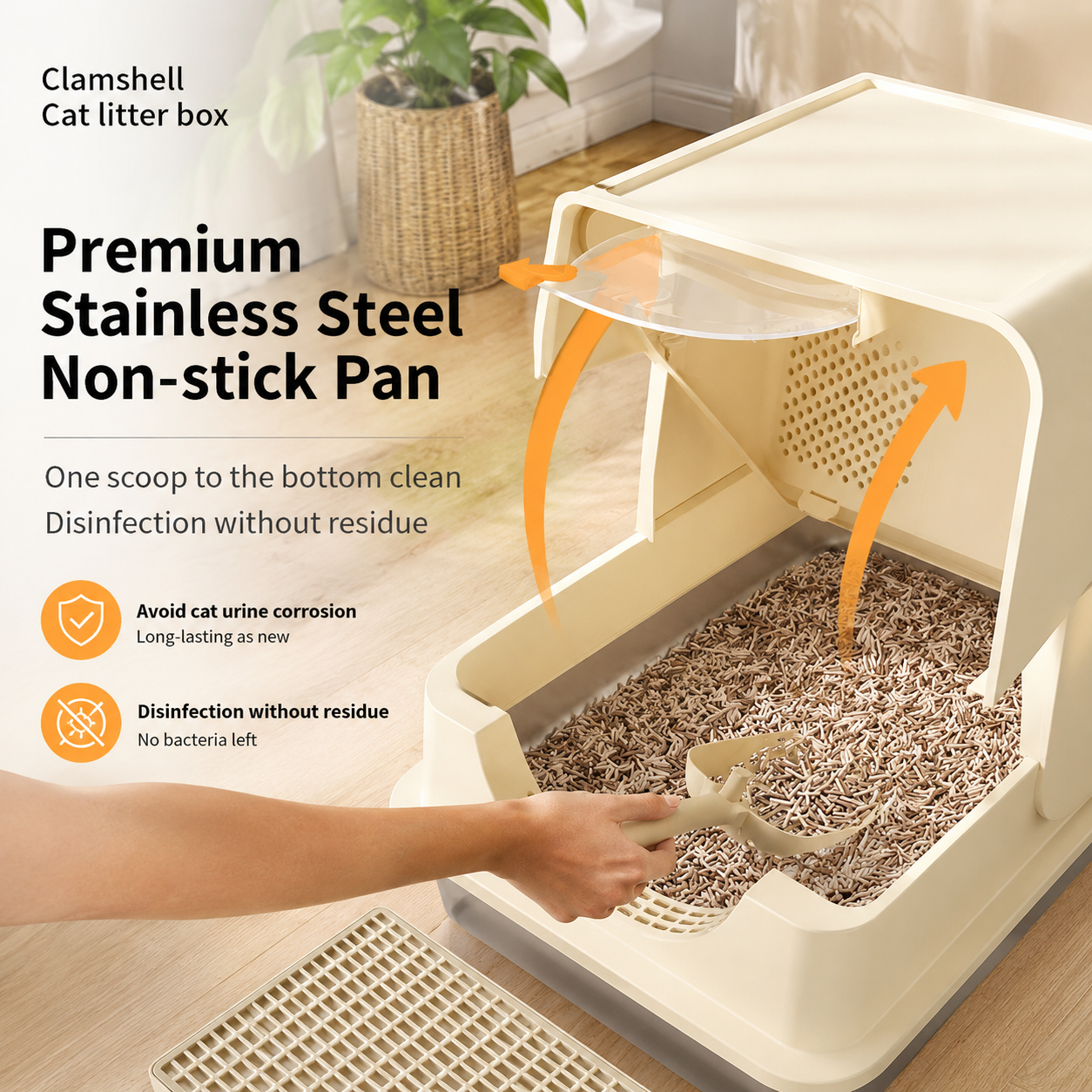 Black Large Stainless Steel Cat Litter Box, Foldable Covered Cat Litter Tray with Round Top & Round Door, Front Entry Top Exit, Anti Tracking Mat, Scoop and Charcoal Filter