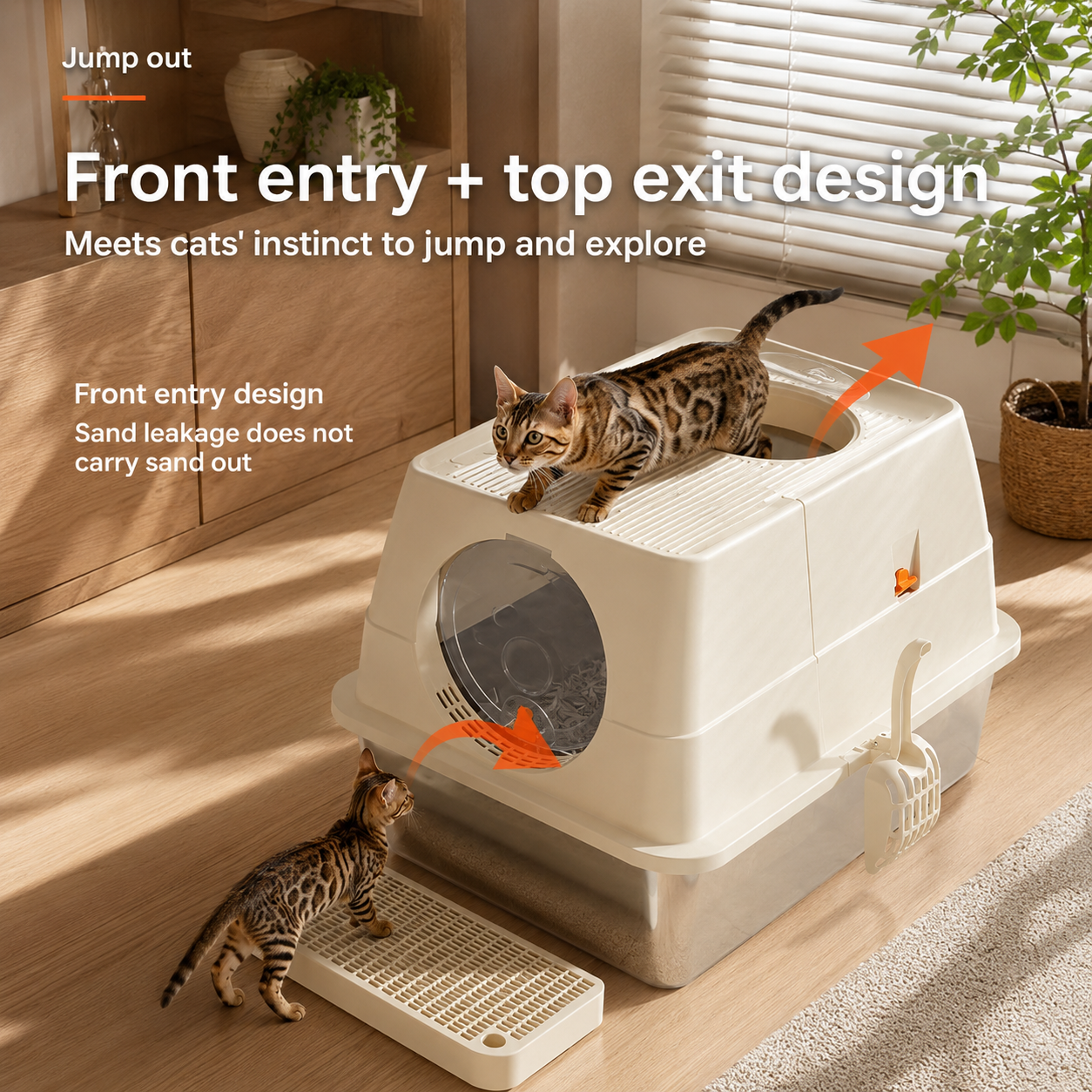 Black Large Stainless Steel Cat Litter Box, Foldable Covered Cat Litter Tray with Round Top & Round Door, Front Entry Top Exit, Anti Tracking Mat, Scoop and Charcoal Filter
