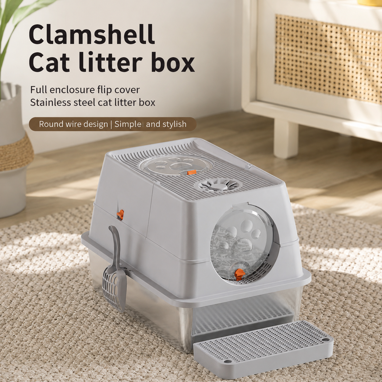 Black Large Stainless Steel Cat Litter Box, Foldable Covered Cat Litter Tray with Round Top & Round Door, Front Entry Top Exit, Anti Tracking Mat, Scoop and Charcoal Filter