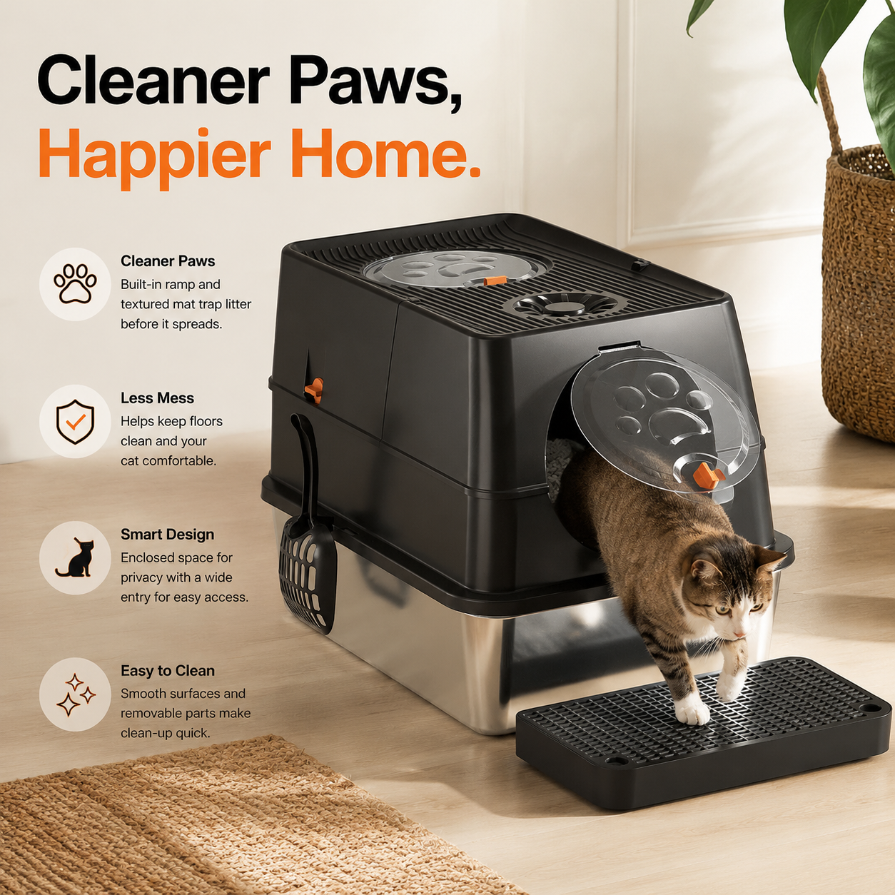 Black Large Stainless Steel Cat Litter Box, Foldable Covered Cat Litter Tray with Round Top & Round Door, Front Entry Top Exit, Anti Tracking Mat, Scoop and Charcoal Filter