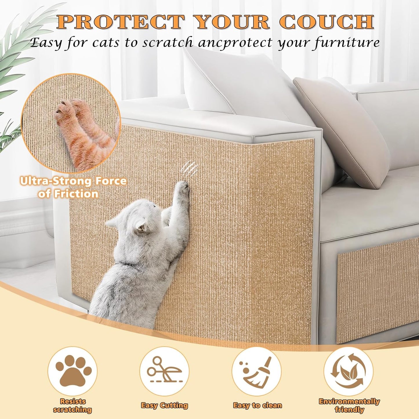Cat Scratching Carpet,15.8"x78.7"Cat Climbing Pad,Self-Adhesive Cat Scratch Mat,Sticky Scratch Wall Mat, Furniture Protector for Floor Couch Sofa Door Corner(Khaki)