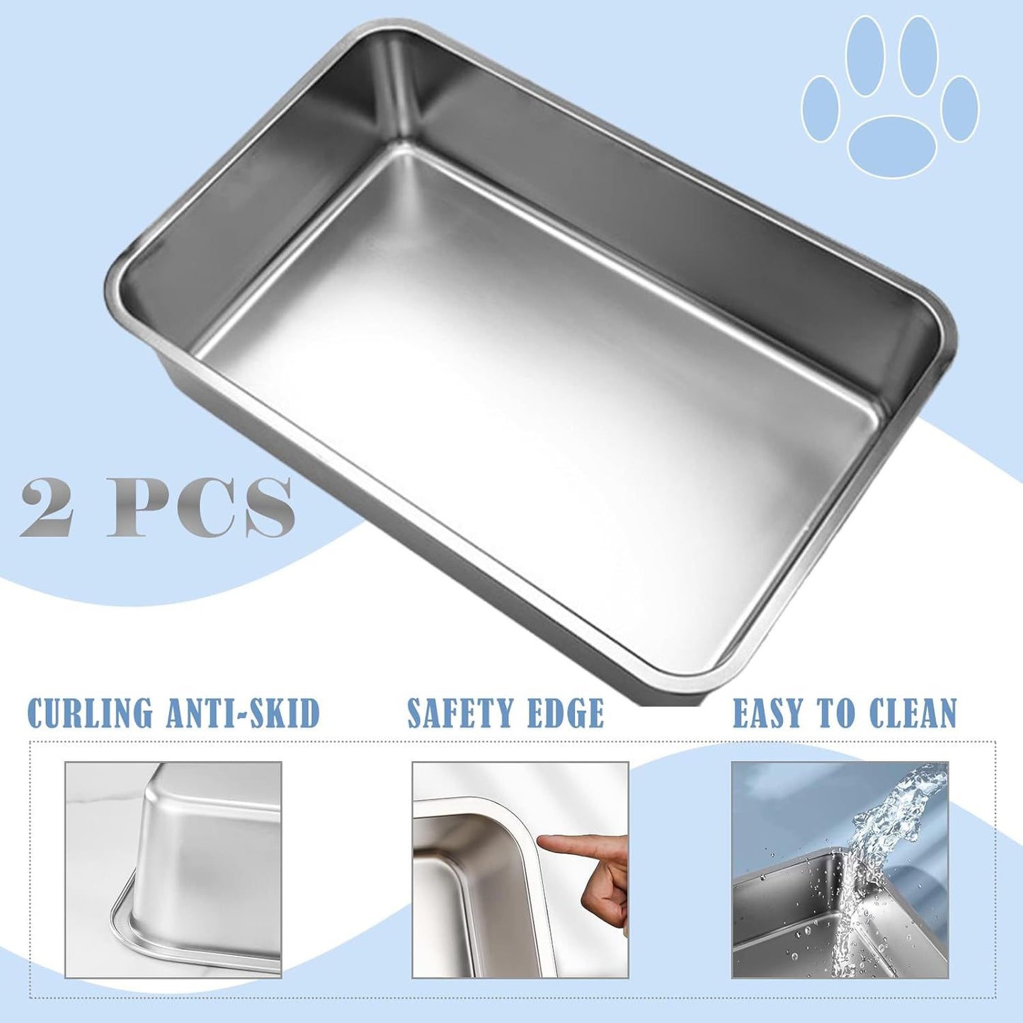 2 Pack Stainless Steel Cat Litter Box - High Side Metal Cats Toilet Large Rust Proof Litter Pan with Non Stick Smooth Surface for Cats, Kitten, Rabbits, 17.5 X 13.5 X 6 Inches