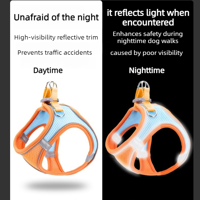 Breathable Reflective Pet Harness Set: Vest-Style Dog Harness + Leash - Orange and Blue-L