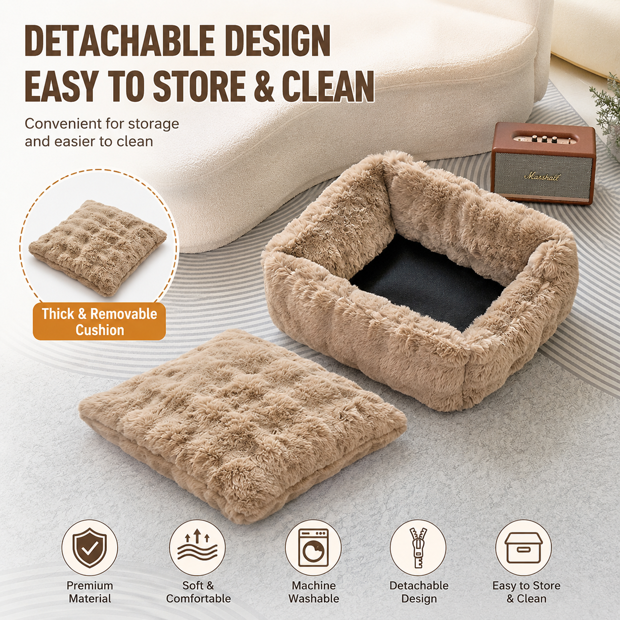 Brown Bubble Plush Pet Sofa Bed with Removable Cushion S Size 60*45*23CM – Ultra-Soft Winter Thickened Warm Pet Nest with Raised Bolster Edges, Washable Plush Cover and Non-Slip Base, Cozy and Soft Sleeping Space for Dog & Cat Home Use