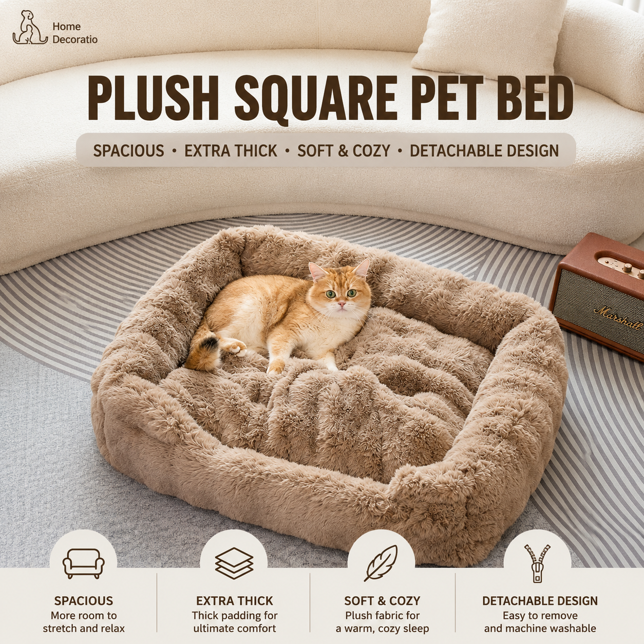 Brown Bubble Plush Pet Sofa Bed with Removable Cushion M Size 70*55*23 cm – Ultra-Soft Winter Thickened Warm Pet Nest with Raised Bolster Edges, Washable Plush Cover and Non-Slip Base, Cozy and Soft Sleeping Space for Dog & Cat Home Use
