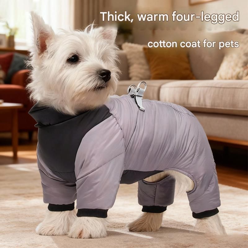 Yellow S size Winter Dog Jumpsuit Coat – Waterproof Four-Leg Pet Jacket with Reflective Harness Clip, Windproof Warm Padded Puppy Snowsuit, Adjustable Polyester Dog Clothing for Small to Medium Dogs